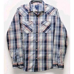Old Navy Pearl Snap Shirt Mens LG Long Sleeve Blue Pink‎ Plaid Western Cowboy